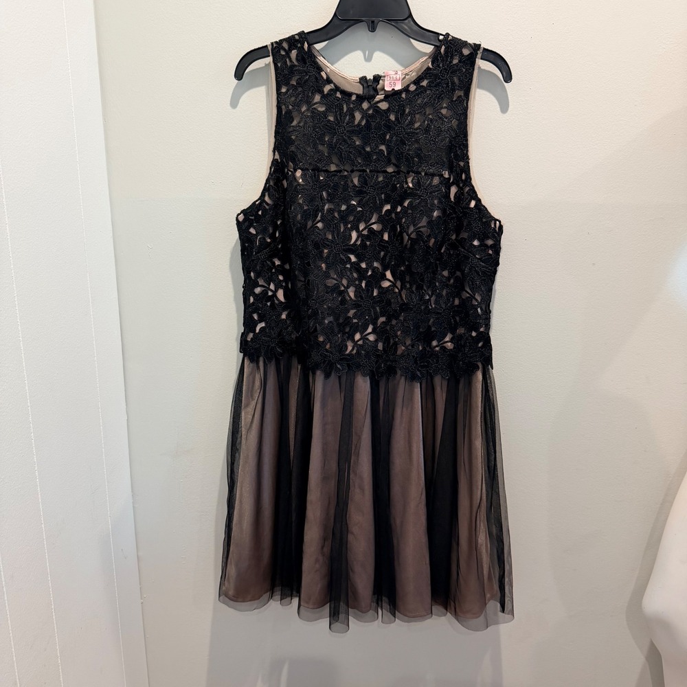 Joanna Chen Black Floral Lace Tulle Fit & Flare Dress Elegant Cocktail | Size 16